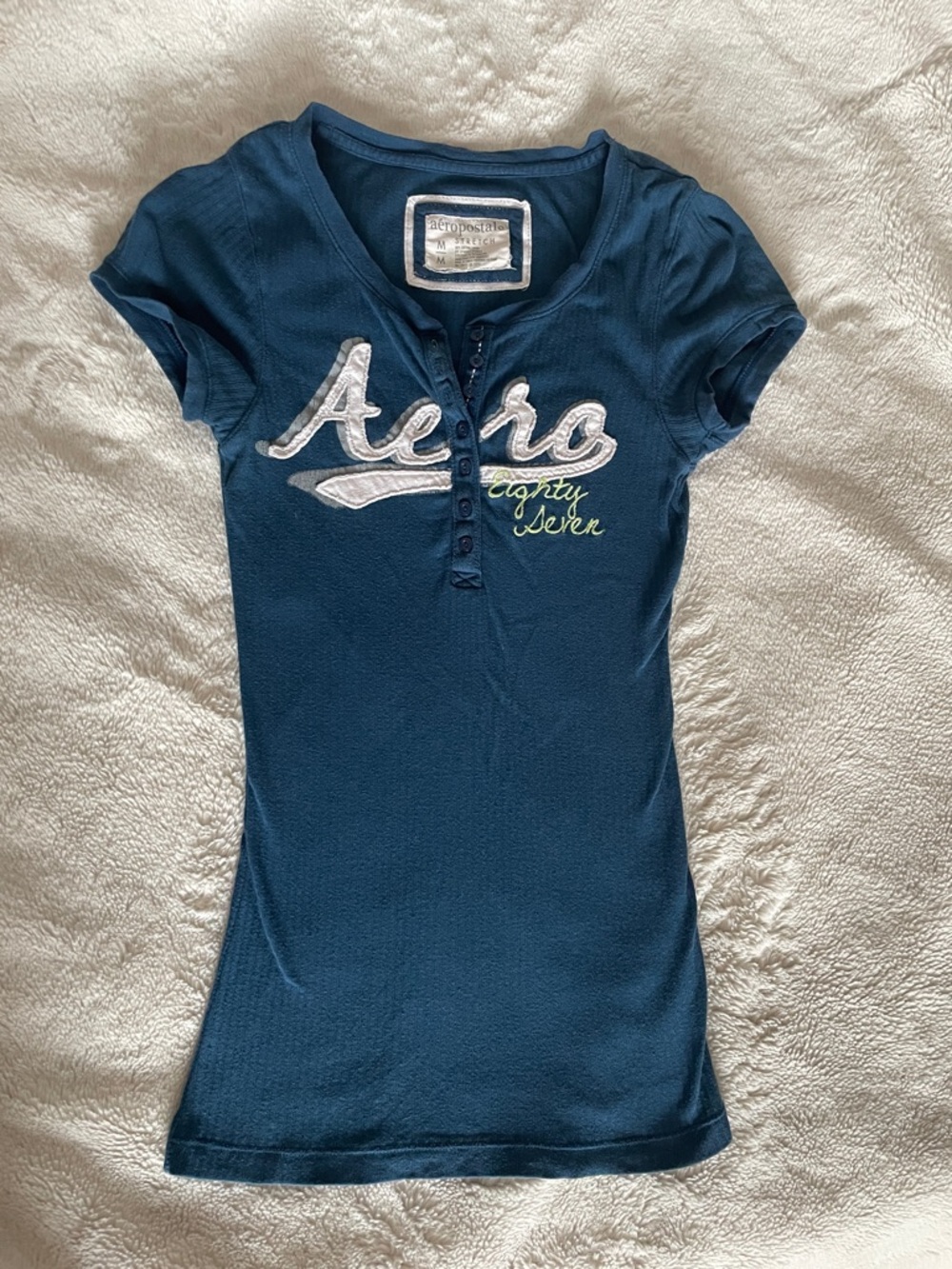 Aéropostale Vintage Navy Teal 'Aero' Logo Henley Tee
